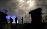 Firemen tackle a fire in Whitehall